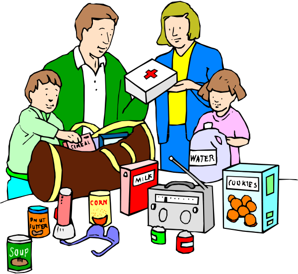 The illustration shows a family of four with various items around them on what appears to be an indoor surface; there is food in bags at their feet, boxes labeled "water" and "milk," cans marked as soup, cereal, cookies, beans, cornflakes, tuna fish, coffee, tea, juice, soda, watermelon, bananas, applesauce, oranges, a bottle of dish soap with the word clean on it. The family members are holding items: one person is handing out what looks like food samples to another who seems