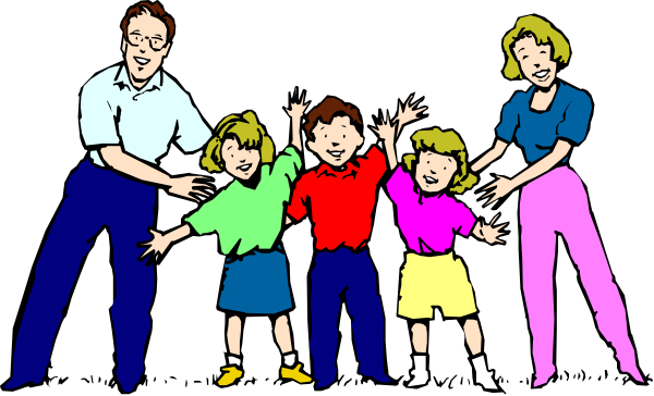 The image shows a family of five cartoon characters posing together with their arms around each other's shoulders; there is an adult man standing behind them who appears to be in his mid-40s, wearing glasses and smiling at something offscreen.