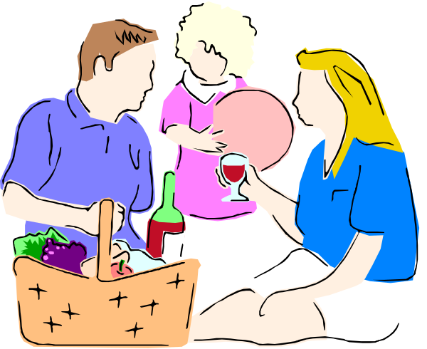 The illustration depicts a family of four enjoying an outdoor gathering with wine glasses filled to varying levels, surrounded by fresh produce like apples in baskets on their laps; one person is holding up what appears to be a heart-shaped balloon or decorative item while another holds out a bottle.