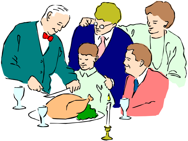 The illustration depicts a family gathered around a dining table during Thanksgiving dinner; there is an adult man standing at one end of the table with his back to us, holding what appears to be a turkey in both hands and smiling as he looks down towards it; next to him stands another person who seems to have just joined or left the scene. In front of them are two children seated on chairs: one child is looking up at an adult woman standing behind the table with her arms crossed, while the other appears distracted by something off-frame. The dining room setting includes a