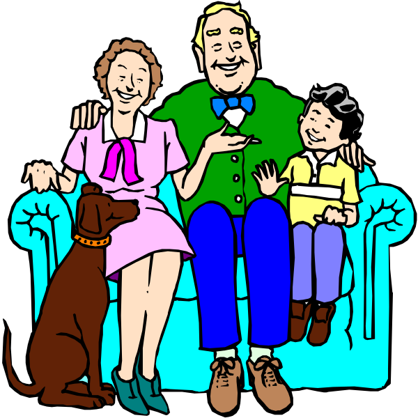 The illustration depicts a family of four sitting on a couch with their dog at home; an older couple is seated together while holding hands, smiling towards each other, accompanied by two children who appear to be engaged in conversation and looking upwards as if listening or watching something out of frame.