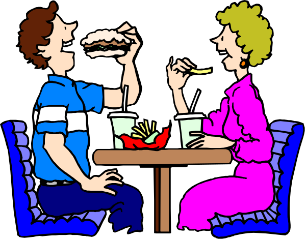 The illustration depicts a man sitting at a table with his arm around another person who is eating food from their hands while seated across from him in what appears to be an indoor dining area.