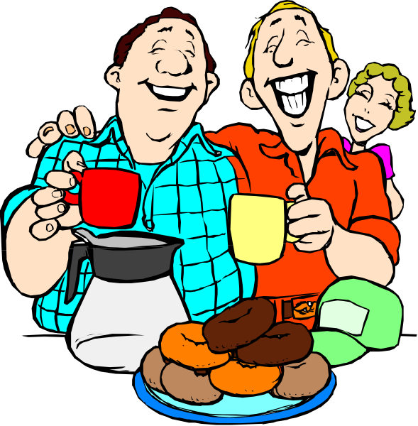 The illustration shows a man and woman sitting at a table with various food items such as donuts on plates, coffee cups filled to varying levels of liquidity, and pastries like cakes in front of them. They appear happy and relaxed while enjoying their meal together.