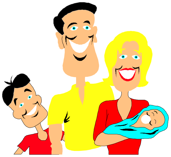 The illustration shows a family of four: an adult couple with their baby standing between them; all characters have exaggerated facial features typical in cartoon-style images.