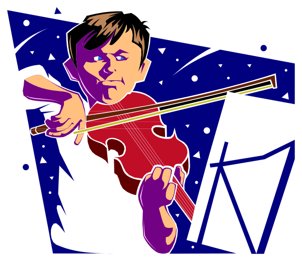 The image shows a cartoon of an animated boy playing violin with his eyes closed while standing on top of sheet music that reads "K" in large letters against a dark background.