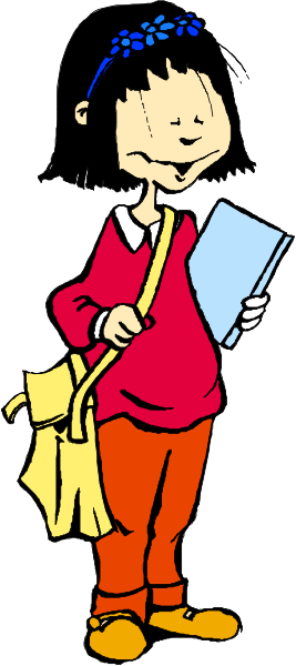 The cartoon depicts a young girl with dark hair wearing red pants holding an open book while standing next to her handbag on what appears to be a sidewalk in front of a building during daylight hours.