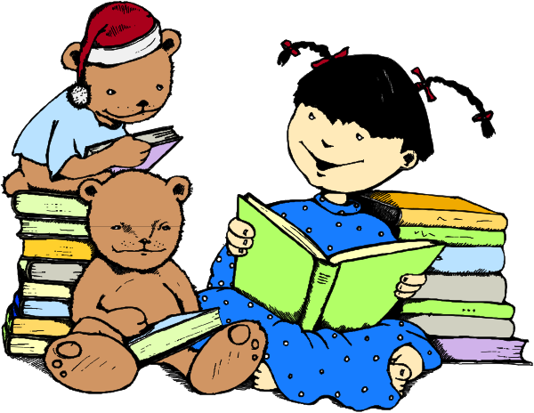 The illustration shows three children sitting on a pile of books with teddy bears; two kids appear to be reading while one is looking at them attentively from behind.