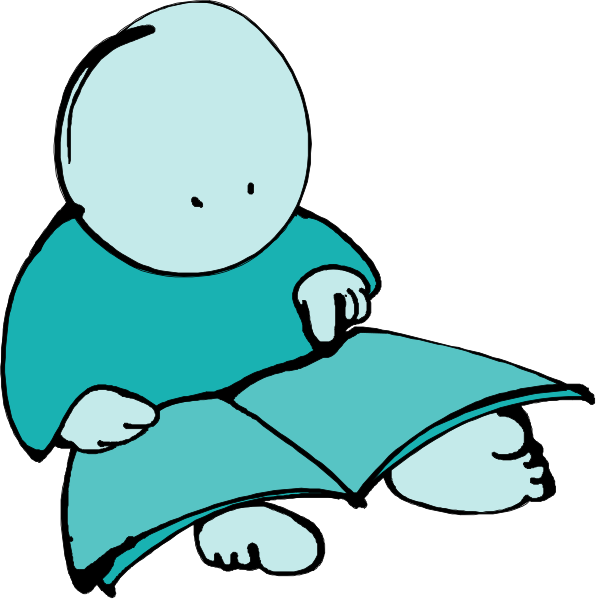 The image shows a cartoon of an animated character sitting on the floor with their back to us while reading from what appears to be a book that is open in front of them; there's another similar-looking figure standing next to it, also holding and looking at the same book as if they are sharing or comparing something.