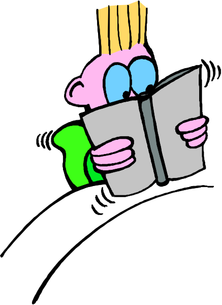 The cartoon shows a child sitting on bed with an open book reading it while lying down under covers.