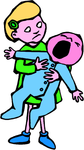 The illustration shows a young girl holding an older man who appears to be asleep on her shoulders while she is standing up; both characters have exaggerated facial expressions with wide eyes and open mouths as if in surprise, shock, or excitement.