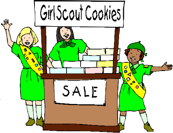 The image shows two cartoon girls dressed as scouts standing behind a sign that reads "Girl Scout Cookies SALE." They appear to be in front of an actual storefront with various items on display, and there is text indicating it's for sale at 50% off. One girl has her arm raised waving while the other stands straight up smiling towards us. The background suggests a street scene during daylight hours under clear skies. There are no animals or people in this image; only objects like books, boxes of cookies, and scouting badges can be