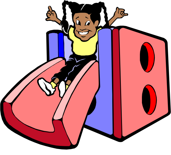 The cartoon depicts a child sitting on an oversized toy slide with their arms raised high above them as if celebrating or excited about something.