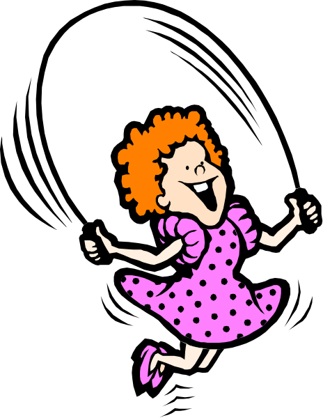 The cartoon shows a girl with red hair wearing polka dot dress jumping happily while giving thumbs up sign.