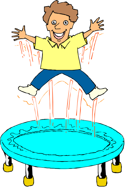 The cartoon shows a man jumping on water sprays from an unseen source while holding onto his tie to prevent it from getting wet; he is in mid-air above what appears to be a circular object, possibly a tabletop with wheels for movement.