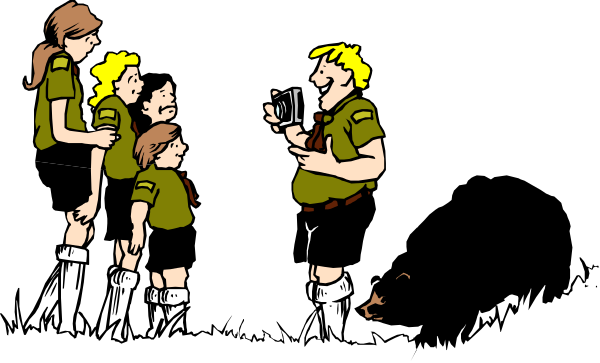 The black and white illustration shows a group of four children standing together with an adult figure behind them who appears to be taking their picture; all figures have exaggerated features typical for clip-art characters.