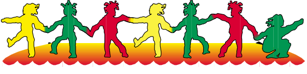 The image shows a colorful banner with silhouettes of cartoon figures dancing along it against a red background at what appears to be an event like a parade or festival.