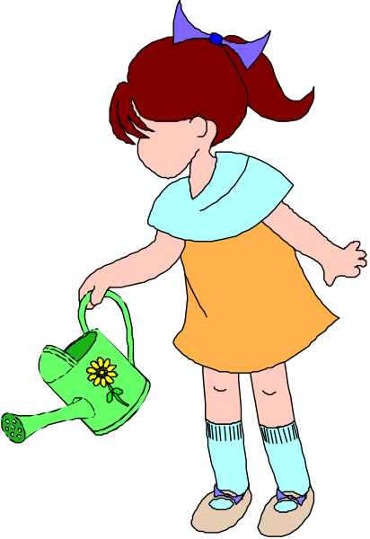 The cartoon shows a young girl with red hair wearing an orange dress holding a green watering can while standing outdoors in front of what appears to be flowers on her left side.