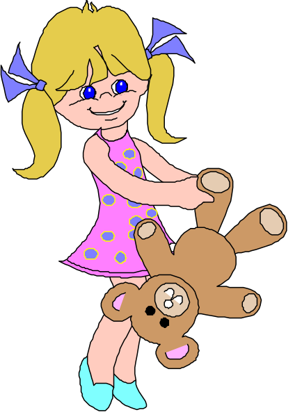 The cartoon depicts a young girl holding onto her teddy bear while standing on what appears to be an escalator with black steps against a white background.