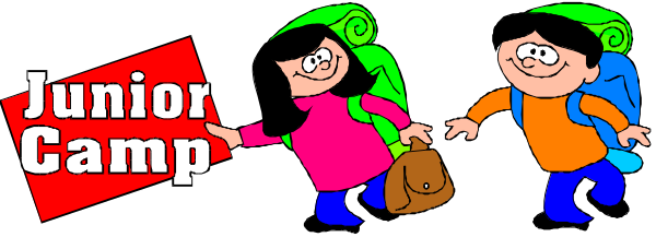 The banner features a cartoon of three children walking towards Junior Camp with their luggage; it is set against an outdoor background that includes trees and grass.