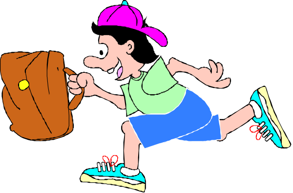 The cartoon shows a boy running with luggage while wearing shorts; he is depicted as being happy to be on vacation.