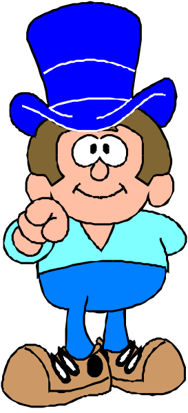 The cartoon depicts a character wearing blue pants with white boots, pointing to something off camera while standing against a black background.