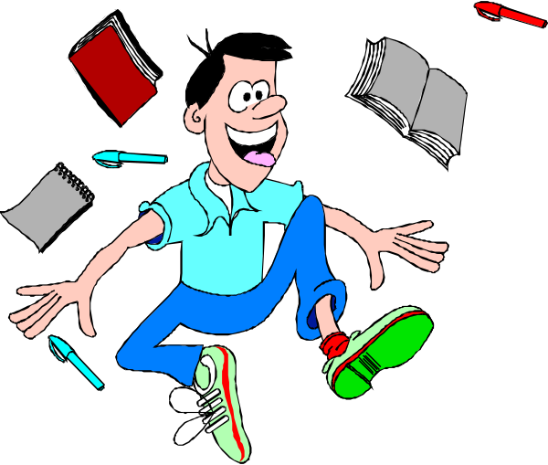 The cartoon shows two animated characters: a boy with books falling out of his hands as he runs to catch them; another character is running towards him while holding an open book in one hand and pointing at it, smiling broadly.