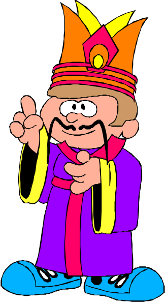 The cartoon depicts a character wearing an elaborate crown with feathers on top, holding what appears to be two golden scepters crossed in front of him while standing against a dark background.