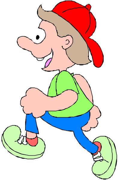 The cartoon shows a man running with his arms outstretched; he is wearing blue jeans, white shoes, red shorts, and has short brown hair.