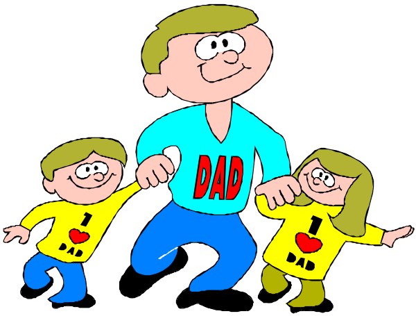 The image shows a cartoon of three children with their father walking behind them; he is wearing an apron that says "DAD" on it.