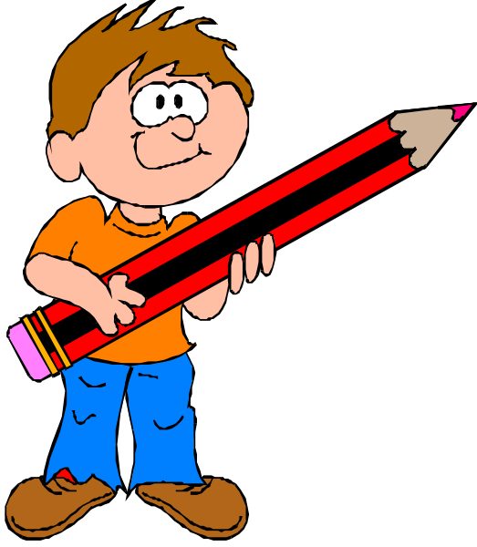 The cartoon depicts a boy holding pencils with his left hand while standing on what appears to be an island of paper clips in front of him; he is wearing blue jeans and has brown hair, smiling at something off-frame.