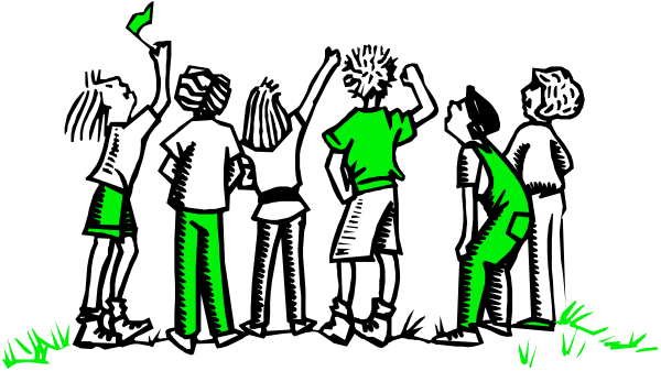 The black and white illustration shows a group of six individuals standing together outdoors during what appears to be daylight; their attention is focused on something in front of them that we cannot see due to perspective distortion, which makes it impossible for me to describe its content or purpose accurately based solely on this image.
