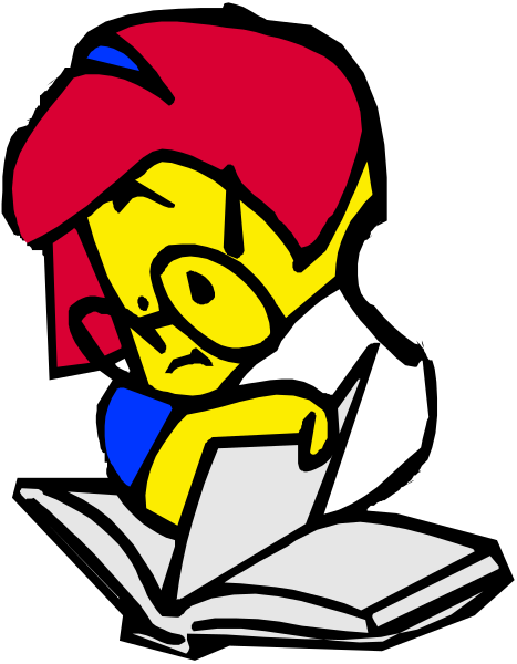 The image shows a cartoon of an animated character with glasses sitting on top of open book pages while reading them.