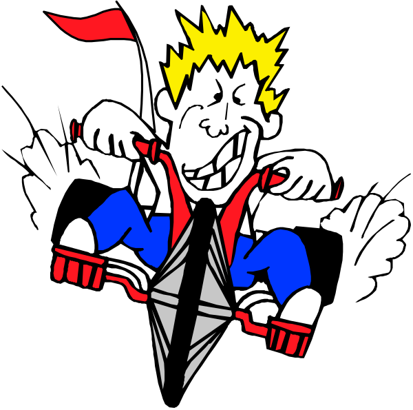 The image shows a cartoon of an animated character with spiky hair sitting on top of what appears to be a skateboard-like object that has wheels attached at one end.
