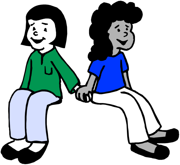 The image shows a cartoon of two animated characters sitting on a couch with their hands joined together; both appear to be humanoid figures wearing casual clothing in shades of green and blue.