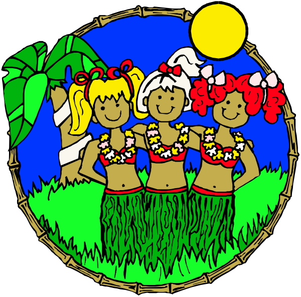 The image shows three cartoon hula girls standing together on a grassy area with palm trees behind them; there is also an illustration of two suns in the sky above their heads.