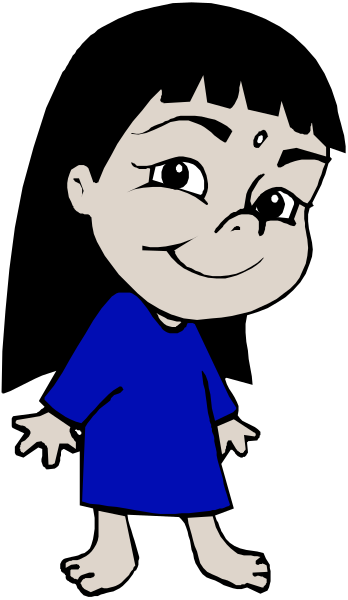 The image shows a cartoon of an animated character with blue hair standing against a black background; it is stylized in a simple line drawing manner without any additional context provided about objects, people, animals, actions, and setting within this small clip-art image.