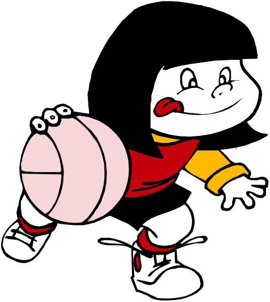 The cartoon shows a character with an exaggeratedly large basketball for a head running towards it while wearing shorts that say "BASKETBALL" on them; there is no background detail provided in this image snippet, focusing solely on these elements of the scene.