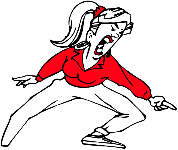 The image shows a cartoon of an animated woman with red hair wearing glasses, dressed in white pants and a black shirt, crouching down on one knee while holding her hand out as if reaching for something off-screen.
