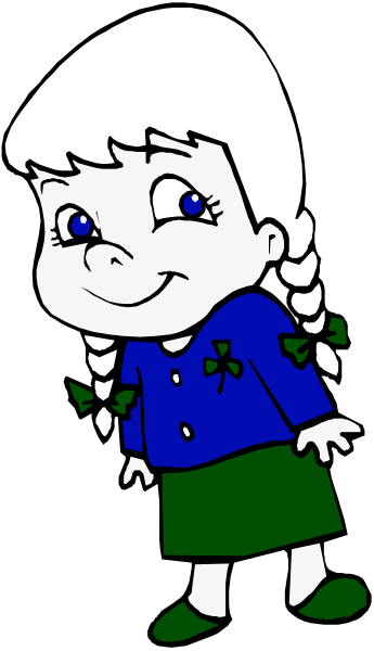 The image shows a cartoon of an animated girl with blonde hair styled into pigtails wearing glasses standing against a dark background; she is dressed in what appears to be school uniform consisting of a blue jacket, white shirt, and green skirt adorned with shamrocks on the left side.