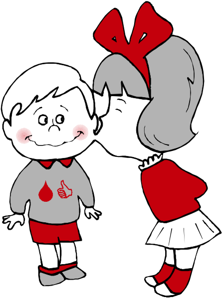 The cartoon shows a young boy with red hair wearing shorts standing next to an older woman who is kissing him on his cheek while he looks up at her in surprise; both characters have rosy cheeks.