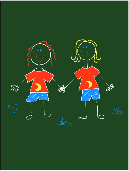 The image shows two stick figure drawings of girls holding hands against a dark background with stars visible above them; each girl is wearing shorts and has one arm raised as if waving.