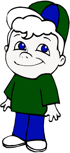 The image shows a cartoon of an animated boy with blue eyes wearing green clothing standing against a black background.