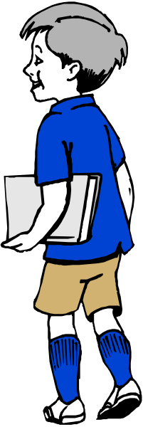 The black and white illustration shows a young boy walking away from us with his back to viewer; he is wearing shorts and has short hair. He appears to be in mid-stride on what looks like an outdoor surface, possibly concrete or asphalt.