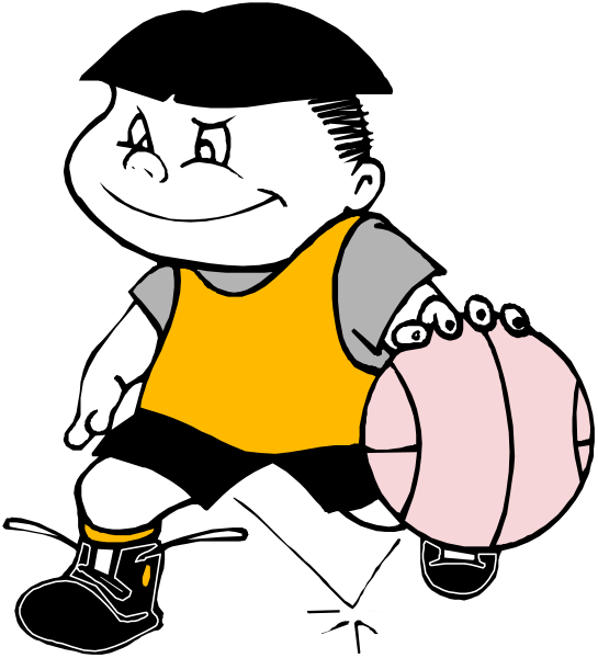 The cartoon depicts a young boy wearing an orange jersey with black shorts holding onto two basketballs while standing on what appears to be court flooring in front of him.