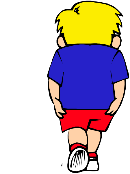 The cartoon shows a young boy with blonde hair wearing red shorts walking away from us towards his right side of image.
