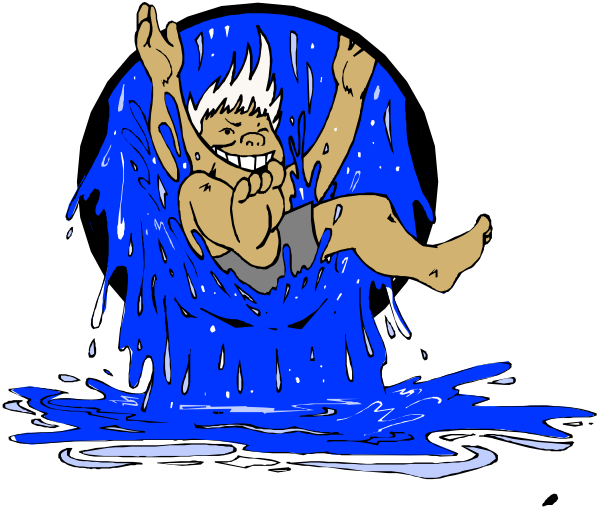 The cartoon shows a person falling into water from an open umbrella with raindrops visible around them; it's set against a dark background.