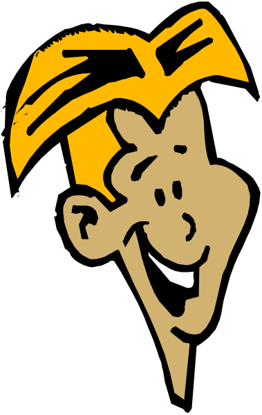 The image shows a black and white cartoon of an animated character with blonde hair styled into spikes on top, wearing sunglasses over his eyes, smiling broadly at something off-camera to their right side in front view perspective.