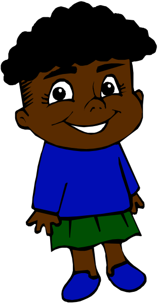 The image shows a cartoon of an animated character who appears to be standing against a gray background with their arms crossed over themselves; this figure has dark skin, is wearing blue shoes, green shorts, and a short-sleeved shirt in shades of brown and black.