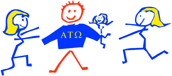 The image shows a cartoon of three stick figures with faces drawn on them running towards each other; there is no text present in this clip-art illustration.