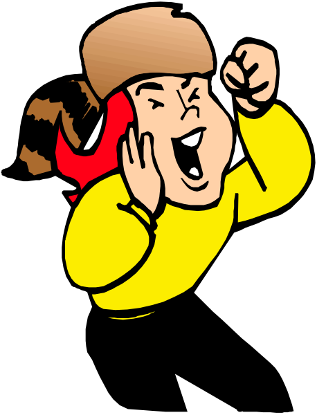 The image shows a cartoon character with exaggerated facial features making an excited expression while holding their hands to either side of his mouth as if shouting into it.